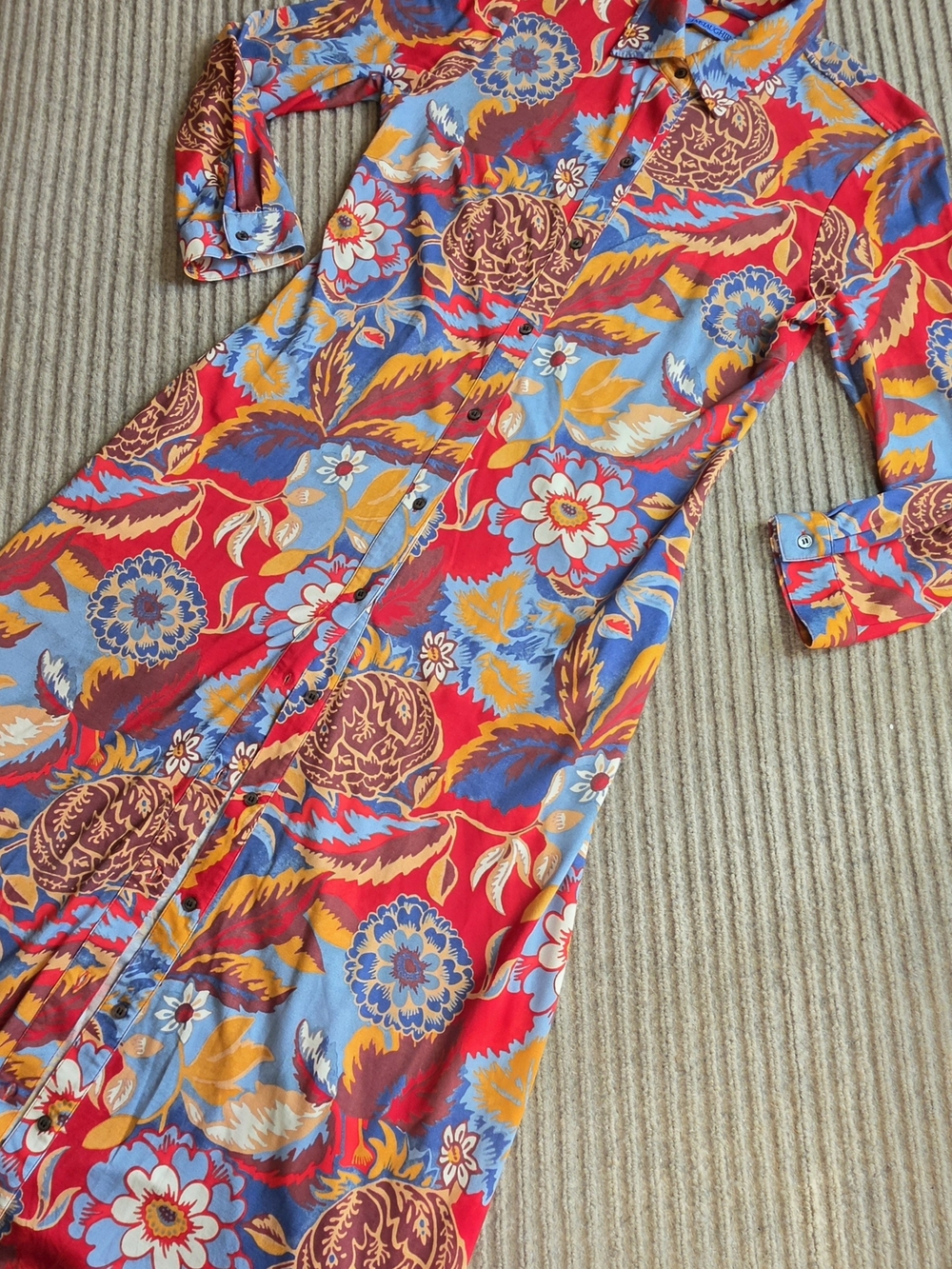 J McLaughlin Red Floral Collared Shirt Dress Small Stretch Midi Pockets *no Belt